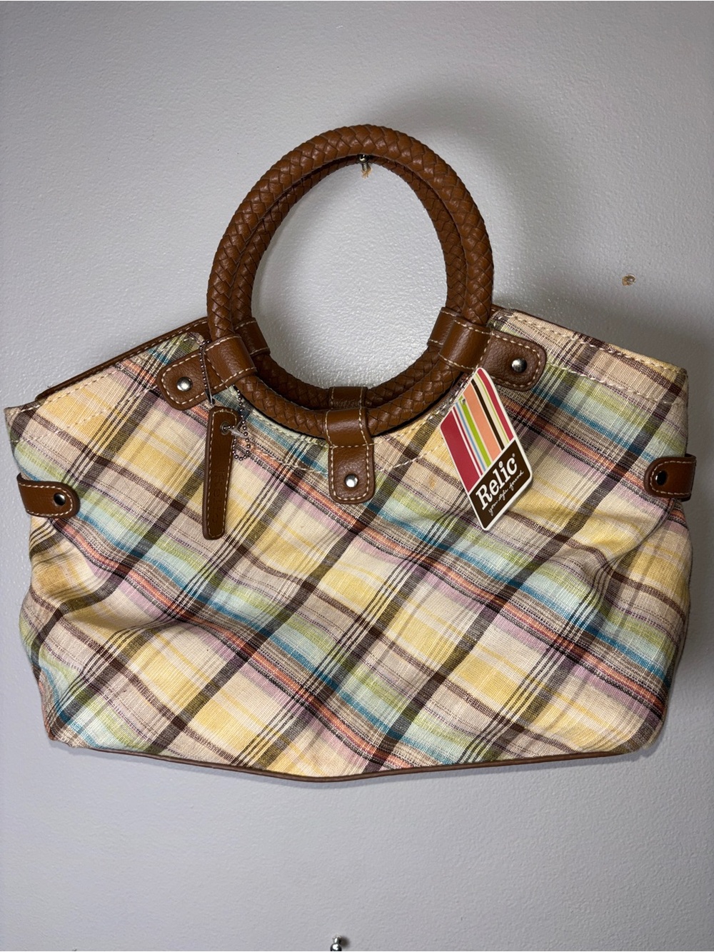 Relic Plaid Tote in Yellow, Brown, Cream and Pastel Accents